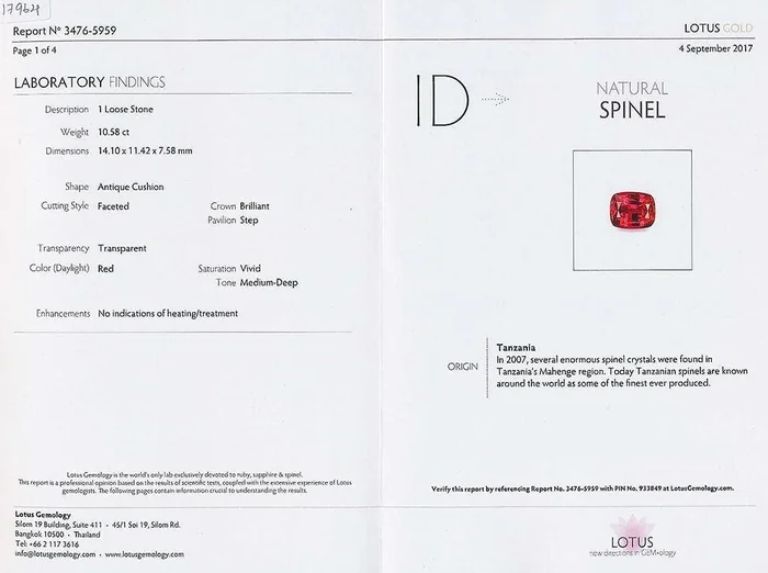 Lotus Gemology certificate, 10.58ct Tanzanian spinel